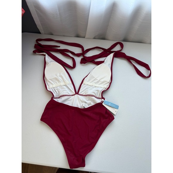 Cupshe Wrap One Piece Swimsuit Plunge Tie Side Burgundy Bathing Suit M - Picture 3 of 5